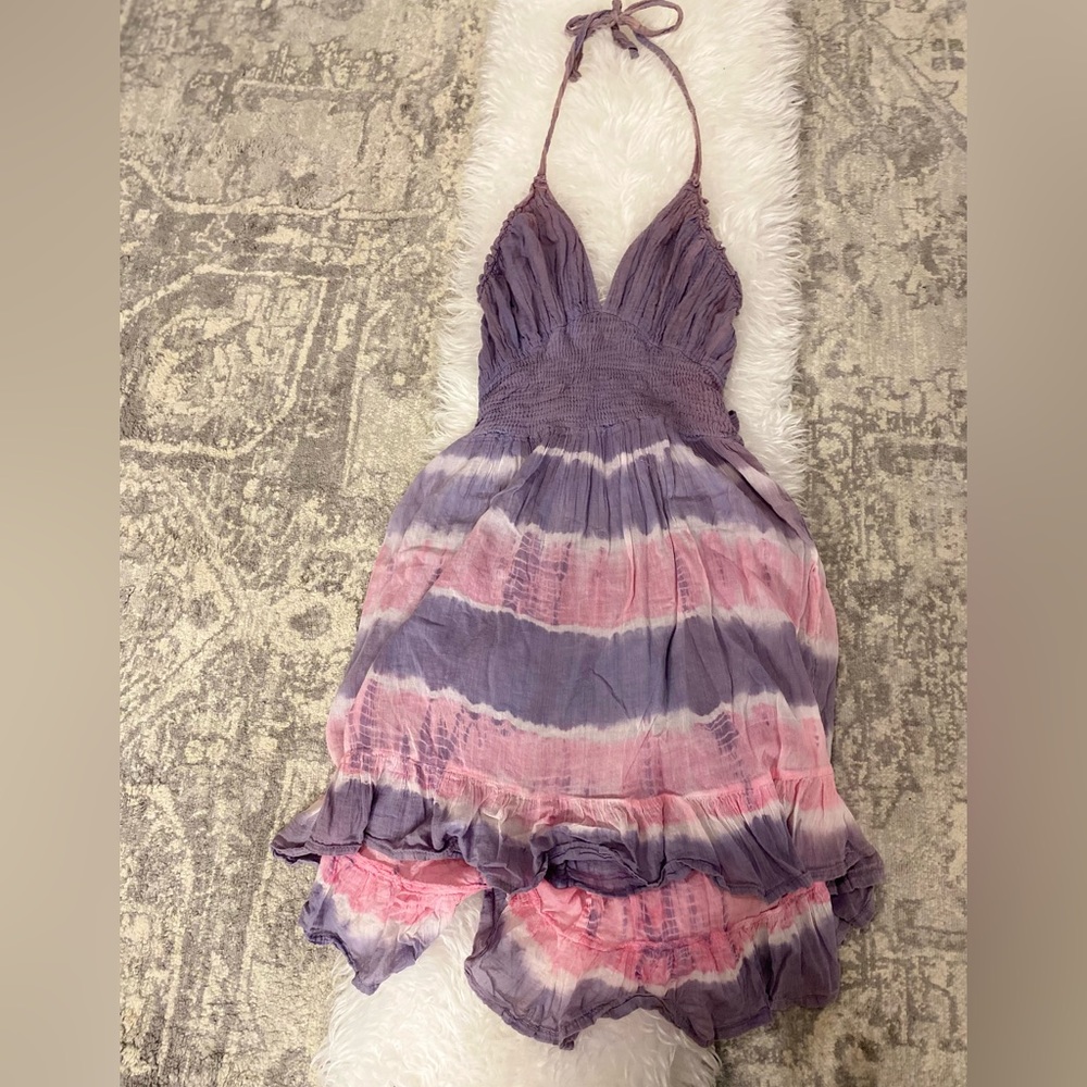 Purple, pink & white tie dye halter dress